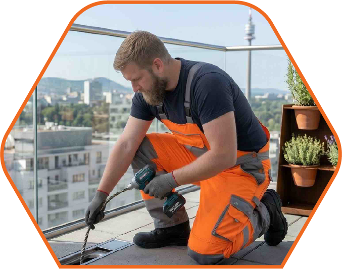 Balkonabfluss in Wien verstopft und professionelle Reinigung des Balkonablaufs