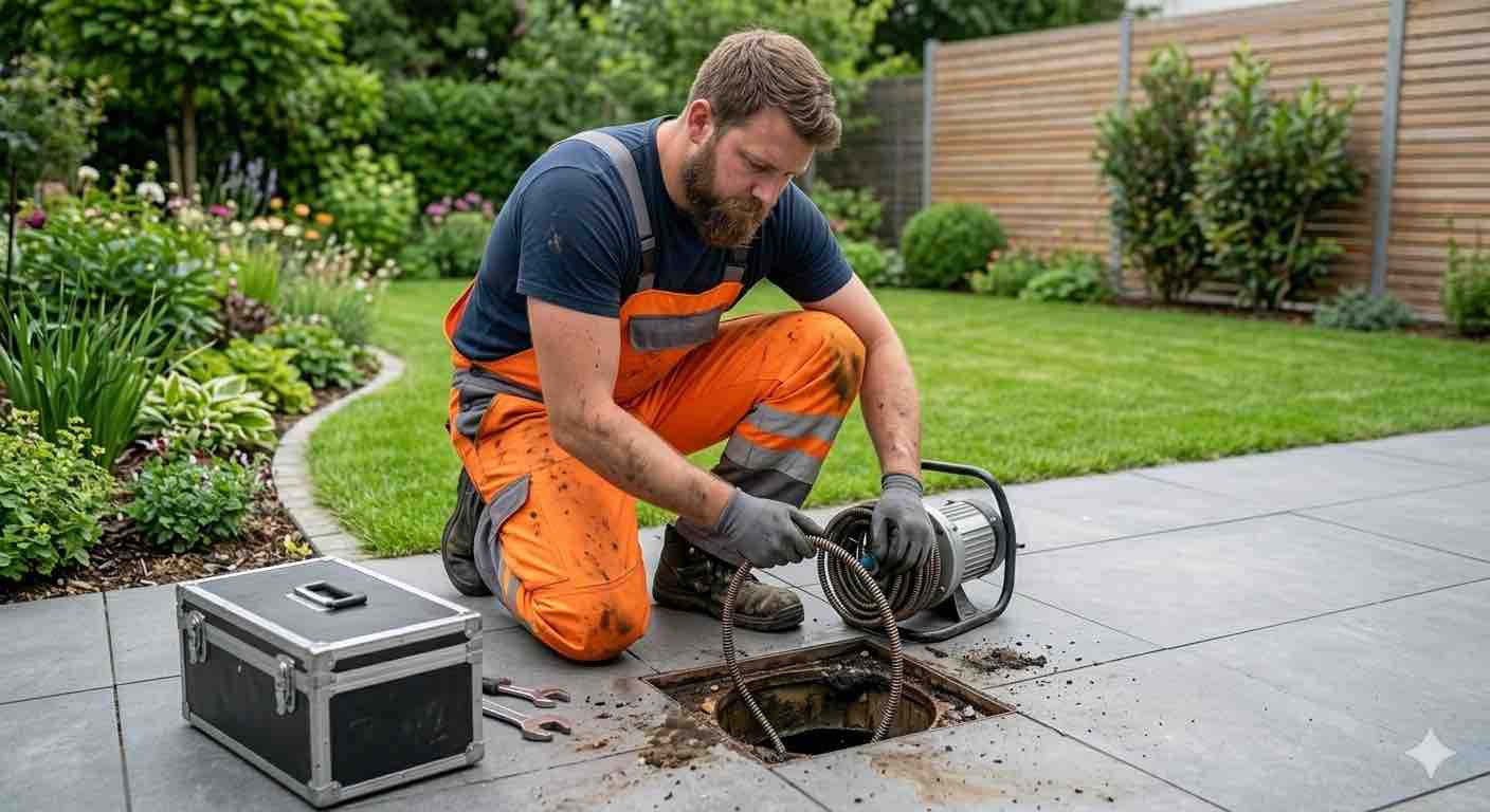 Verstopfter Terrassenablauf in Wien mit stehendem Regenwasser